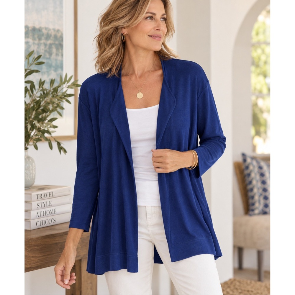 Chico’s Travelers Cardigan Women’s 2 M2 Blue Open Front Stretch Knit Long Sleeve